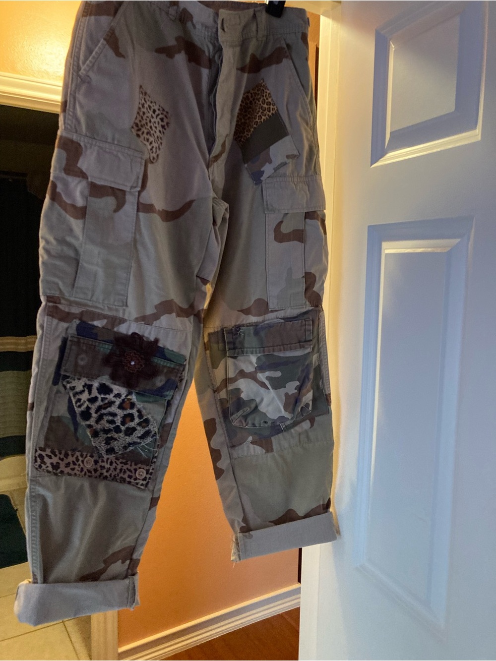 Patchwork Camo Cargo Pants with Leopard Accents - Tan